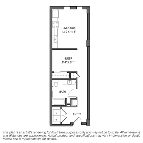 Floor plan for studio, 1 bath, 605 sqft